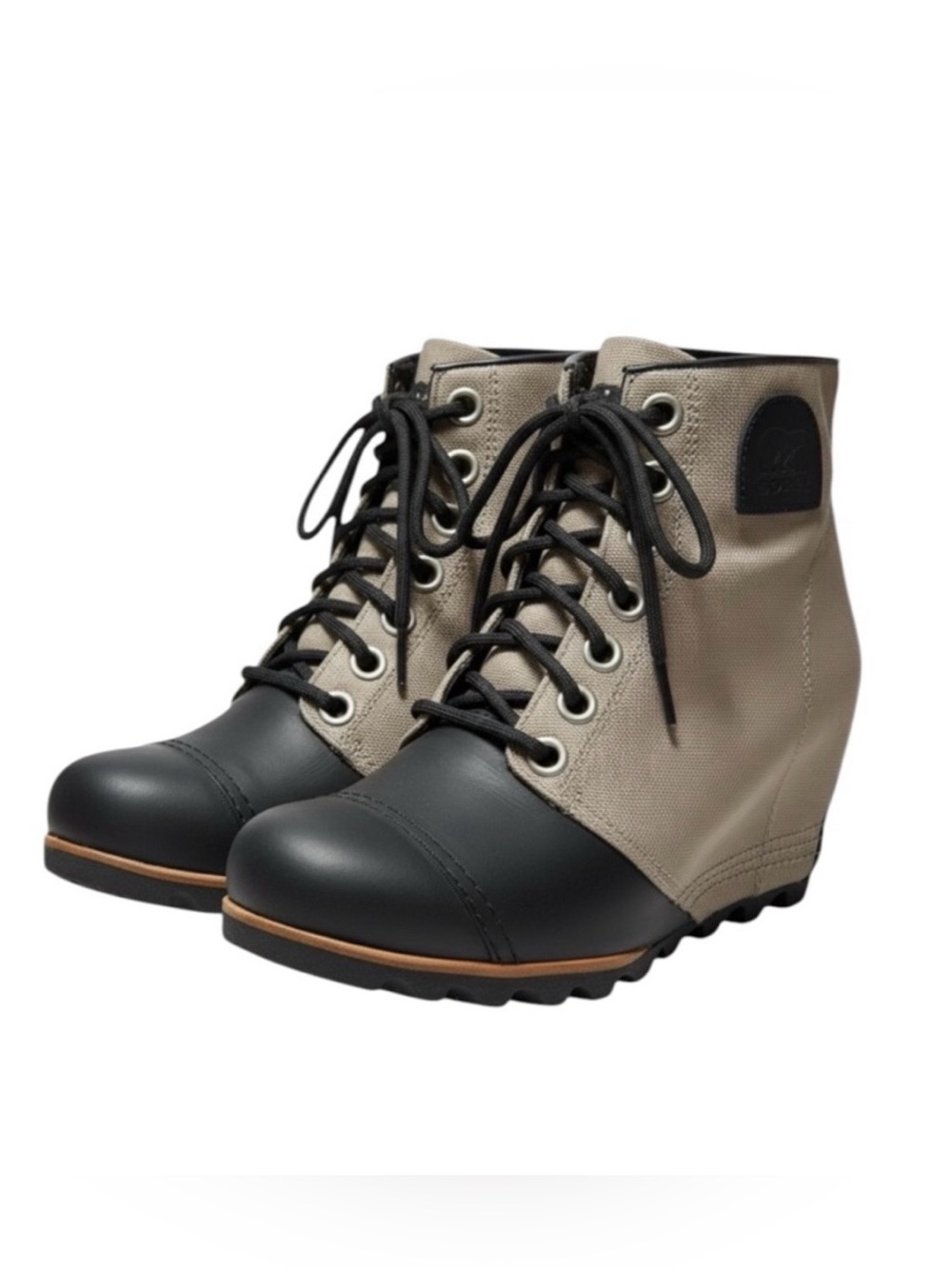 Sorel PDX Wedge Bootie Taupe Canvas Black Leather Hidden Wedge Boots Size 7 - Picture 3 of 8